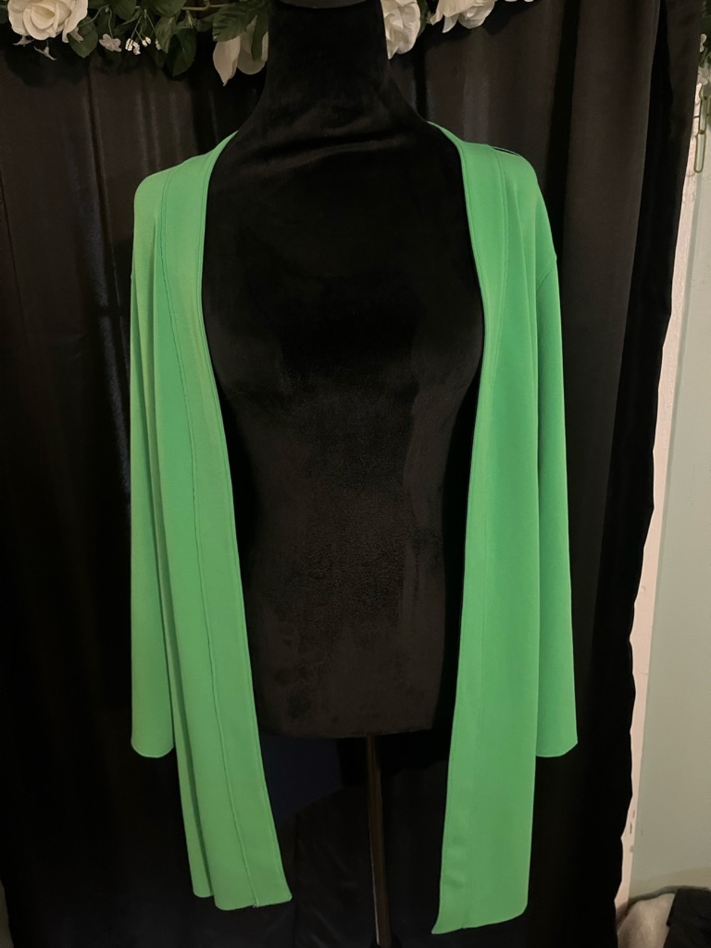 Susan Graver Navy and Green Trim Open-Front Cardigan